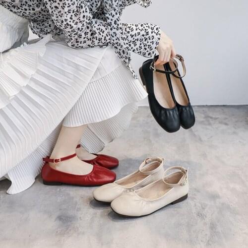 Women/girls pleated leather flats ankle belt Mary Janes flat heel shallow mouth working shoes woman mules square toe loafers