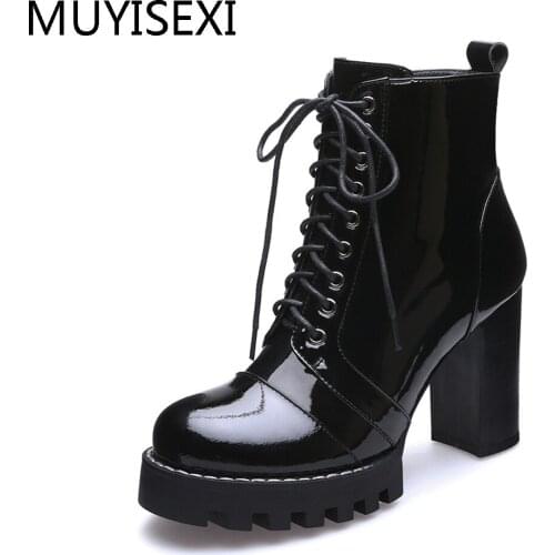 Fashion Patent Leather 9 cm High Heel Platform Autumn Boots For Women boots Winter Boots Women plus size 35-42 JGG01 MUYISEXI