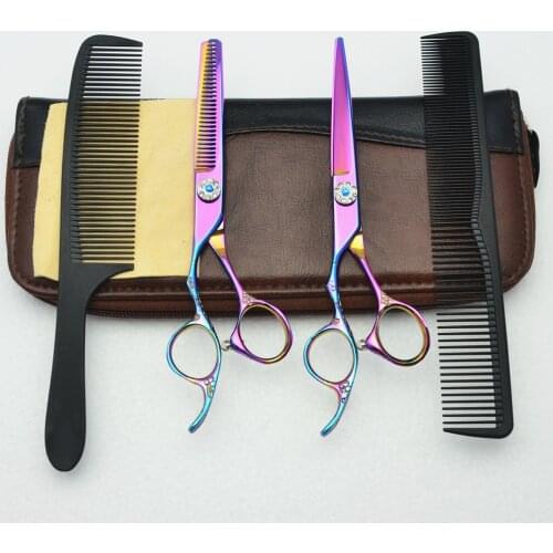 Left Hand 4Pcs Suit 6'' Customized Logo Purple JP 440C Human Hair Hairdressing Scissors Cutting Shears + Thinning + Combs C8002