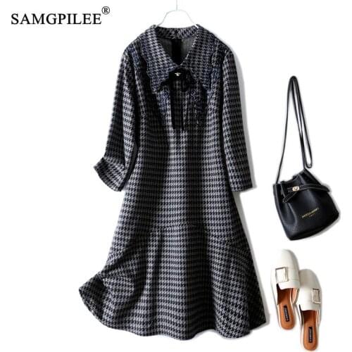 Casual Women Dresses European Embroidery Dress 2021 Autumn Winter Houndstooth Peter Pan Collar Mermaid Elegant Dresses For Woman