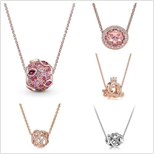 925 Sterling Silver Rose Gold Kiss Pave With Red And Pink pan Necklace For Women Wedding Party