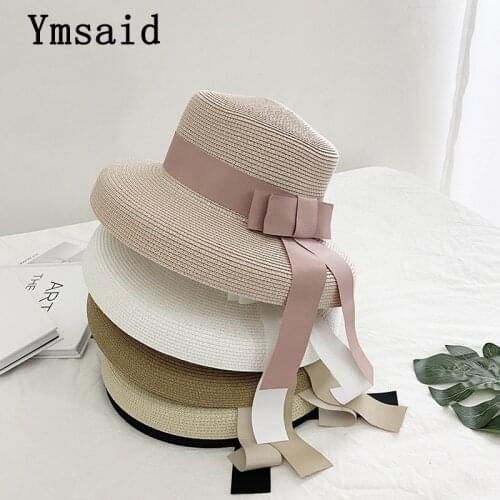 2021 New Summer Sun Hat Bow Straw Hat Visor Temperament Flat Panama Hats Womens Sea Beach Vacation Leisure Sunscreen Hat