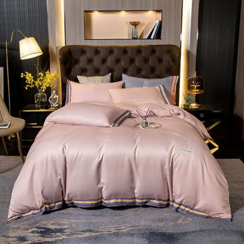 Svetanya Light Pink Solid Embroidery Queen King Size Flat Sheet Duvet Cover Set Rayon Satin Polyester Bedding Set Bedlinens