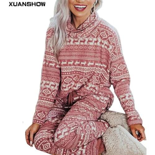 XUANSHOW Christmas Costumes 2020 Tracksuits Ladies Printed Loose Turtleneck Collar Sweatshirt+Long Pants Homewear Two Piece Set