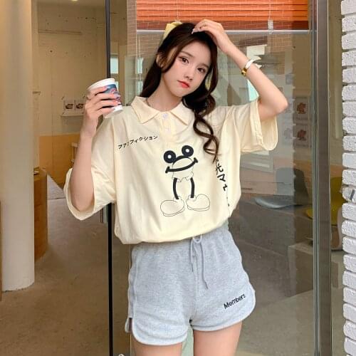 2021 new summer simple and versatile polo shirt lapel loose print short-sleeved t-shirt female Harajuku style