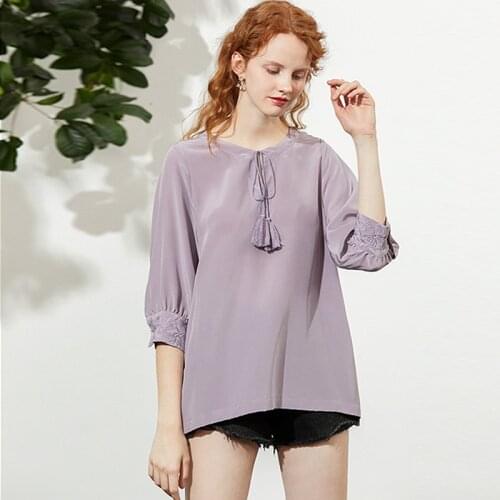 100% Silk LooseT-shirt Women Solid Beaded Embroidery Three Quarter Sleeve Tshirt Women Casual Basic Elegant Clothing Fashion