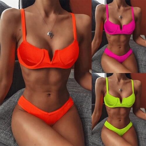 2020 Womens Summer Solid Color Bikini 2 Piece Set Split Beachwear Female Swimsuits Swimwear Ladies Two Piece suits Thong