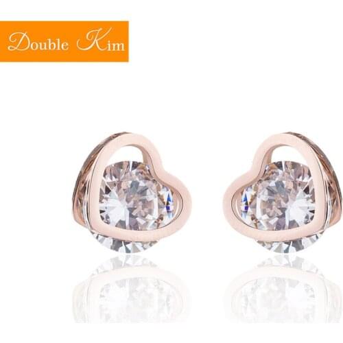 Love Heart Zircon Stud Earrings Titanium Stainless Steel Inlaid Zircon Earrings Rose Gold Color Fashion Trendy Women Jewelry