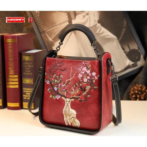 Chinese Style Genuine Leather Women Bag New Elegant Lady Mom Portable Shoulder Messenger Bag Handmade Womens Embroidered Bags