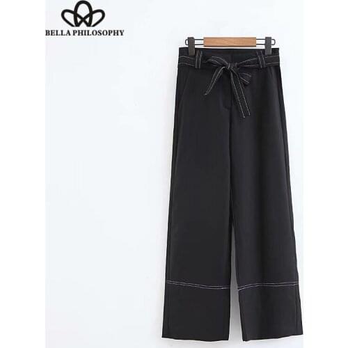 HStar 2020 Women Vintage matching black wide leg pants bow tied sashes long Trousers mujer Leisure Women ChicPant