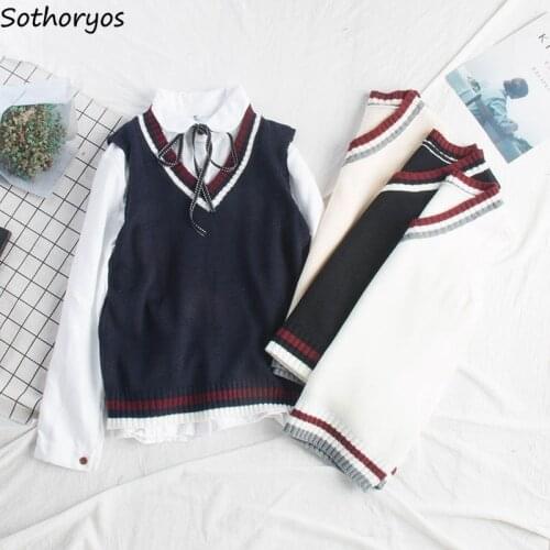 Sweater Vest Women Autumn New Korean V-neck Striped Preppy-style Sleeveless Chic Sweet Students All-match Loose Leisure Trendy