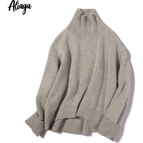 Aliaga Brand Fashion Winter Warm Women Sweater 100% Cashmere Sweater Turtleneck Knit Ladies Hot Pink Thick Oversized Pullovers