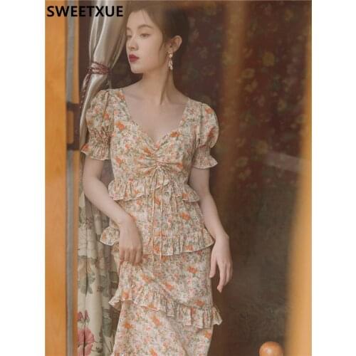 SWEETXUE Summer Women New Floral Cake Long Dresses Sexy V-Neck Puff Sleeves Chiffon Print Fairy Vintage Elegant Fashion Dress