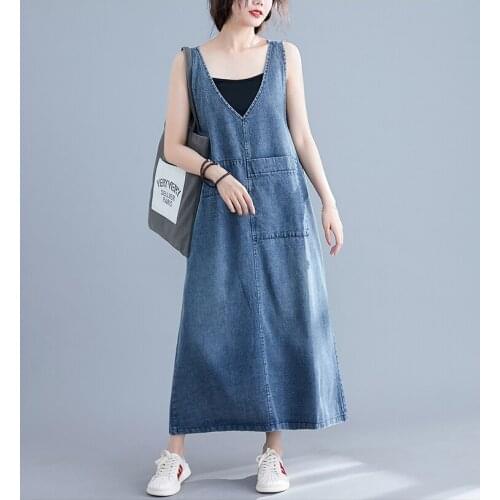 2021 Summer New Casual Sleeveless Mid-length Denim Dress Women Size Big Pockets Loose Retro Cowboy Dress Female V Neck Vestidos