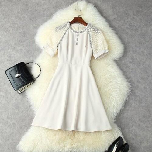 Mini Dress Woman Summer 2021 New Round Neck With Diamonds Short Sleeved Simple Patchwork Slim A-Line Beige Dress Above Knees