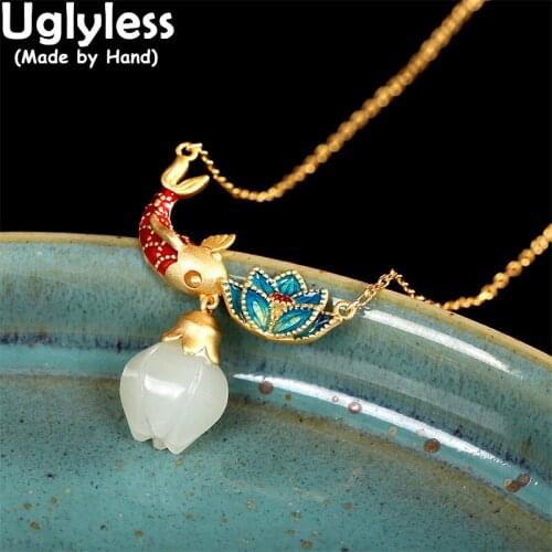 Uglyless Oriental Aesthetics Enamel Lotus Fish Chokers Necklaces for Women Nature Jade Lotus Pendants Necklaces 925 Silver Lotus