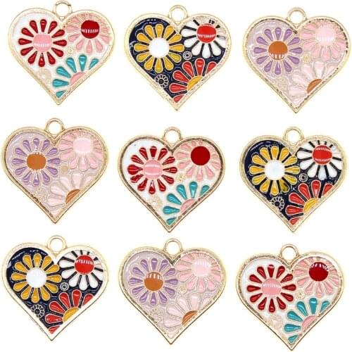 10pcs/lot 22*21mm Cute Printing Enamel Heart Chrysanthemum Charms For Earrings Bracelet DIY Jewelry Making Findings XL1113