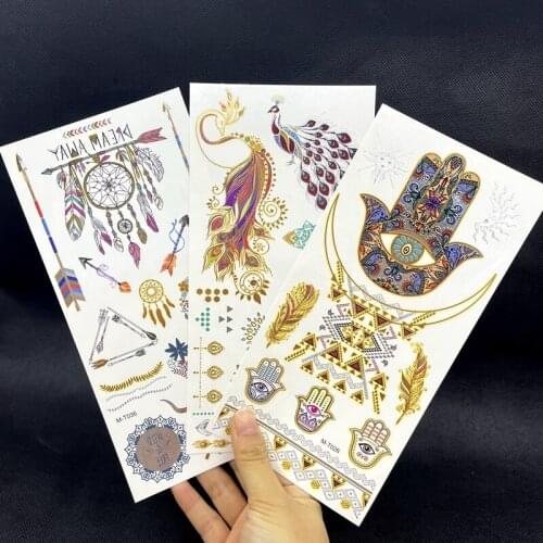 3PCS Gold Silver Tattoo Palm Treem Bracelet Tatoo Plum Flower Pineapple Starfish Slippers Wave Design Temporary Tattoo Beach