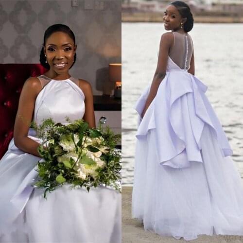 Sleeveless Plus Size Wedding Dresses Cheap O-Neck Illusion Back Button Tiered Bridal Gowns Satin African vestido de noiva