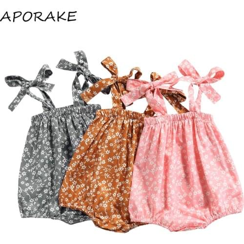 2021 0-18M Sweet Infant Baby Girl Playsuit Sleeveless Bandage Floral Print Square Collar Romper Summer Outfit Jumpsuit 3 Colors