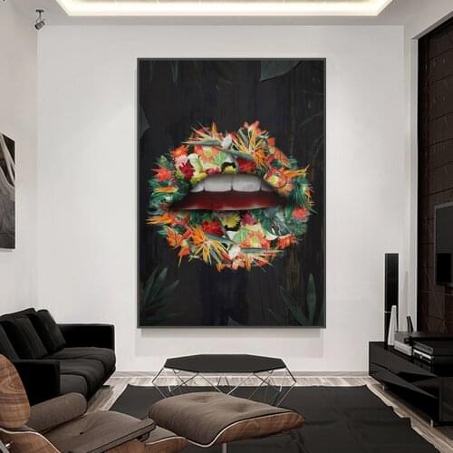 Beauty Flowers Lips Art Posters and Prints Modern Black Canvas Painting Wall Art Decorative Picture for Living Room Decor