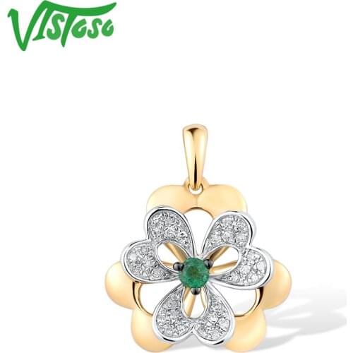 VISTOSO Gold Pendant For Woman Pure 14K Yellow Gold Pendant Shiny Natural Emerald Diamond Delicate Flower Trendy Fine Jewelry