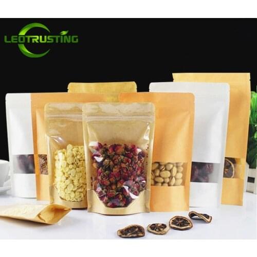 Leotrusting 50pcs/lot Wholesale Stand up Kraft Paper Window Zipper Bag Snack Nuts Coffee Packaging Bag Paper Clear/Frosted Bags