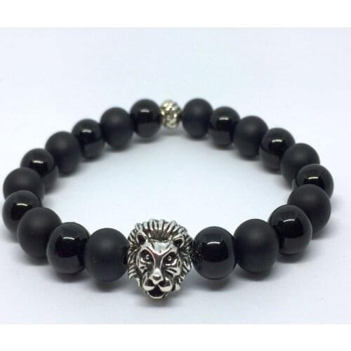 LION FIGURED MATTE and GLOSSY ONİKS NATURAL STONE WOMEN MEN BEADS STONE ADJUSTABLE ELASTIC BLACK BRIGHT ROUND STONE BRACELET