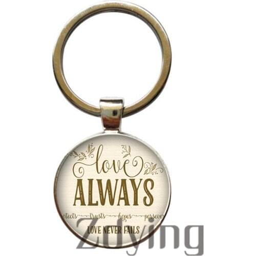 Zdying Fashion Bible Verse Quotes Keychain Glass Cabochon Love Never Fails Keyrings Antique Bronze/Rhodium Plated Key Ring L011