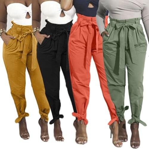 Fashion High Waist Harem Pants Women Spring Selvedge Belted Casual Solid Long Pants For Office Female Trousers Streetwear