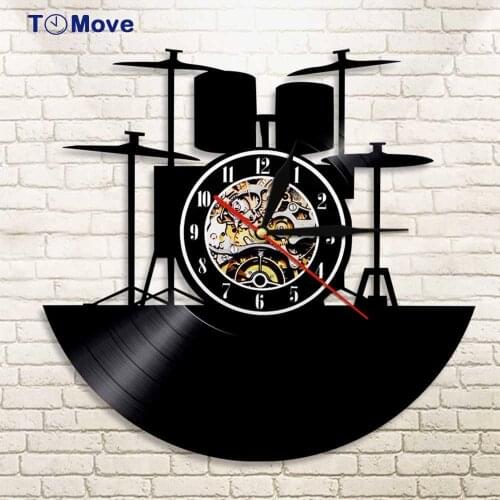 Music Band Drums Musical Instruments Drummer Wall Clock Drum Kit Vinyl Record Wall Clock with LED Unique Rock Music Lover Gift
