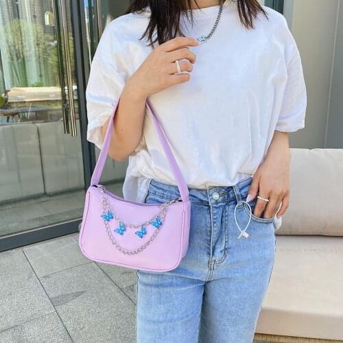 New Fashion Women PU Leather Small Shoulder Underarm Bag Ladies Vintage Butterfly Chain Pure Color Zipper Mini Purse Handbag