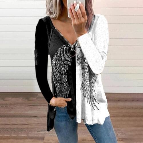 New Autumn Angel Wing Print Long Sleeve Tops Vintage V Neck Zipper Pullover Shirt Casual Loose Plus Size Womens T-shirt