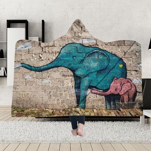 Elephant 3D Print Hooded Blanket Adult Child Wool Winter Warm Sofa School Home Travel Picnic Carrying Blanket