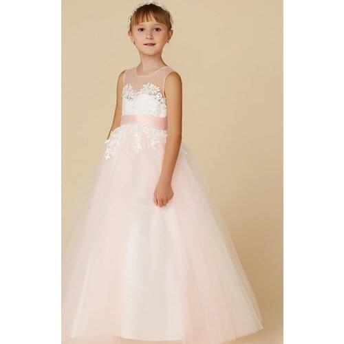 Princess Floor Length Flower Girl Dresses Wedding Lace Sleeveless Jewel Neck with Sash / Ribbon