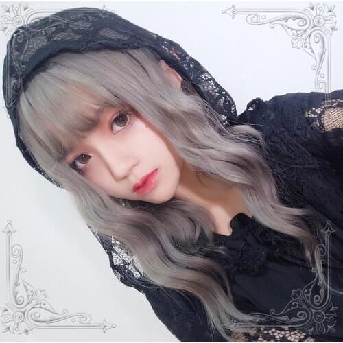 High Quality Lolita Aoki Flax Gray Daily Girl 40Cm+ Air Bangs Water Wave Wig Cosplay Party