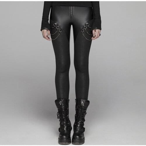 PUNK RAVE Women Gothic Faux Leather Skinny Leggings with Metal Chains Rock Pencil Pants Streetwear Casual Women Sexy Leggings