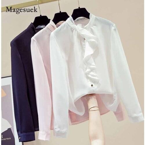 Autumn Women Elegant Chiffon Solid Cardigan Shirt Elegant Stand-up Collar Lace Decorative Long Sleeve Blouse Blusas Mujer 11162
