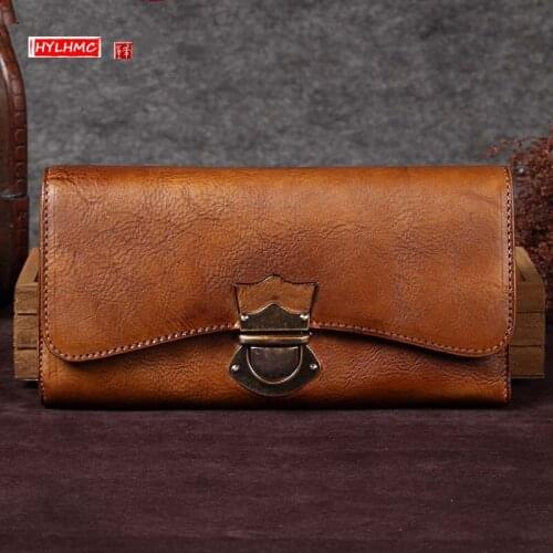 Genuine Leather Womens Wallet Female Card Holder Long Wallet Ladies Retro Zipper Clutch Bag Coin Purses Buckle Wallets