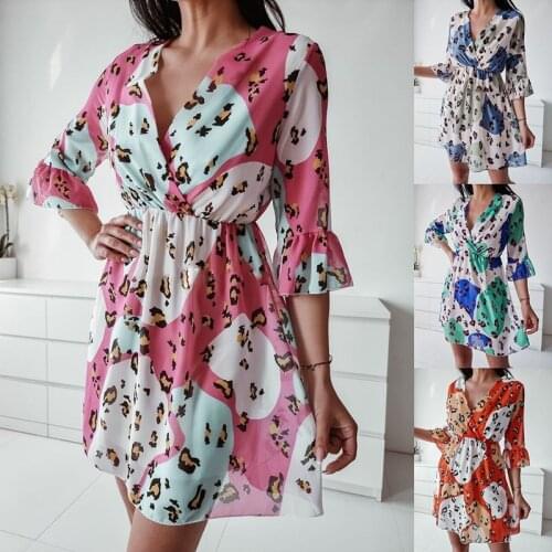 Fashion Pullover High Waist A-Line Dress 2021 Summer Loose Stitching Lotus Leaf Middle Sleeve Leopard Print Dress Women Vestidos