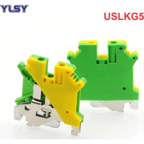 50Pcs Ground Terminal Blocks USLKG5 DIN Rail Screw Type Terminal Blocks UK-5N Yellow Green Earthing Morsettiera Connector 4mm2