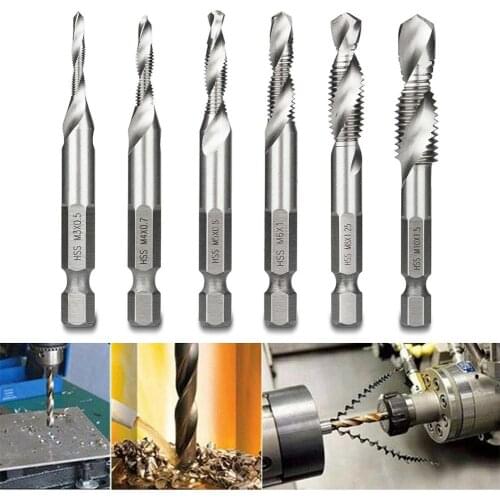 6Pcs M3-M10 1/4in Hot Composite Tap Thread Spiral Screw Hex HSS Screw Drill Bit(Silver)