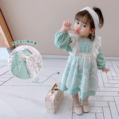 2021 Girls Baby Lace Dress+plaid Dress Fashion Girl Birthday Party Spring Autumn Dresses Kids Princess Vestidos Children Clothes