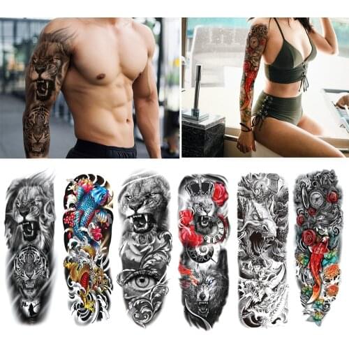 Large Arm Sleeve Fake Tattoo Body Art Transfer Tattoos Sticker For Men Waterproof Temporary Tattoo Lion Owl Full Skull Totem Boy