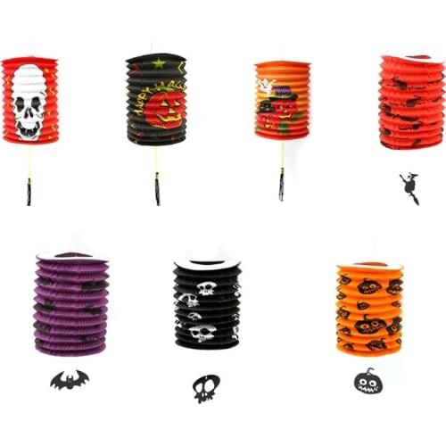 Halloween Folding Paper Lantern Pumpkin Skull Bat Ghost Print DIY Portable Hanging Pendant Light Lamp Home Decoration