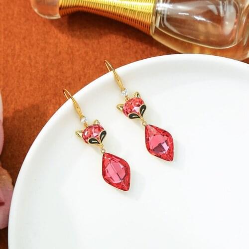 Exquisite Little Red Blue Glass Fox Drop Earrings Clear Zircon Gold Color Brass Animal Earrings For Women New Year