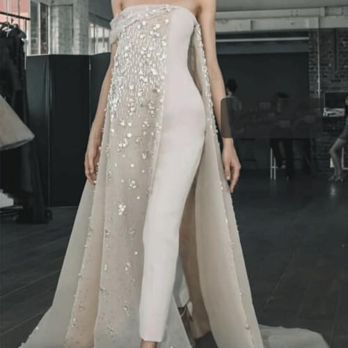 SuperKimJo Ivory Dubai Caftan Jumpsuits for Weddings 2020 Vestido Longo Festa Beaded Elegant Pants for Women