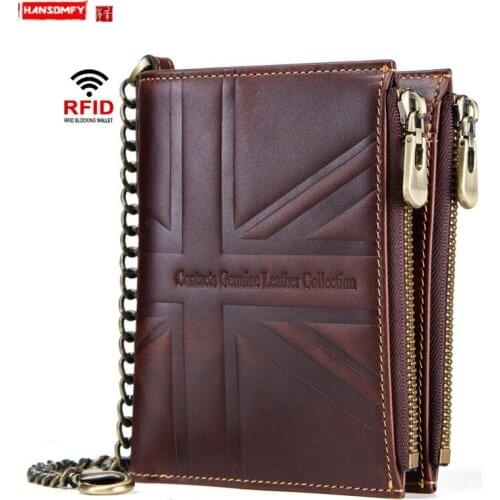 New Retro Cowhide Double Zipper Coin Purse RFID Anti-theft Brush Short Leather Mens Wallet Card Holder Small Wallets Male
