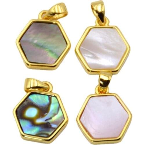 Tiny hexagon Sea Shell Pendant gold plating setting Minimalist Geometric Necklace Accessories Mother of Pearl Jewelry Findings