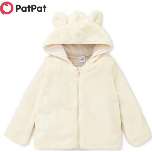 PatPat Toddler Girl Cute Ear Decor Zipper Hooded Solid Fluffy Jacket Coat